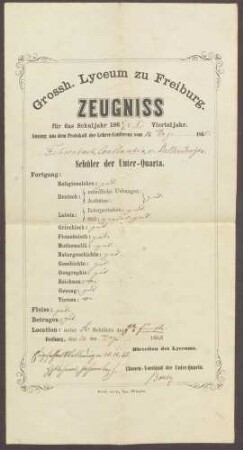 Zeugnis von Constantin Fehrenbach für das I. Vierteljahr 1865/66