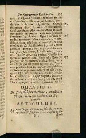 165-179, Quaestio II. De transsubstantiatione, prasentia Christi, modoque existendi in Eucharistia