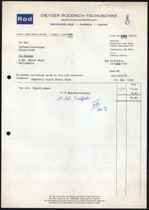 Firmenbriefkopf Dieter Roderich -Tschuschke,Gosshandelskommissionär, Bodenbeläge - Farben - Lacke