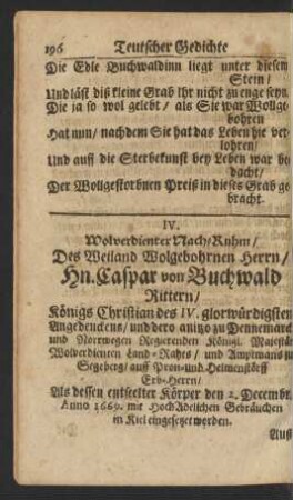 IV. Wolverdienter Nach-Ruhm/ Des Weiland Wolgebohrnen Herrn/ Hn. Caspar von Buchwald ...