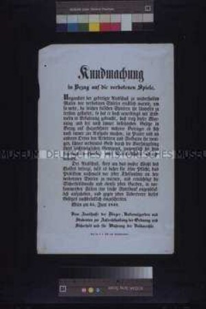 Maueranschlag: Kundmachung. Warnung des Ausschusses der Bürger, der Nationalgarden und der Studenten vor betrügerischen Glücksspielen; Wien, 25. Juni 1848