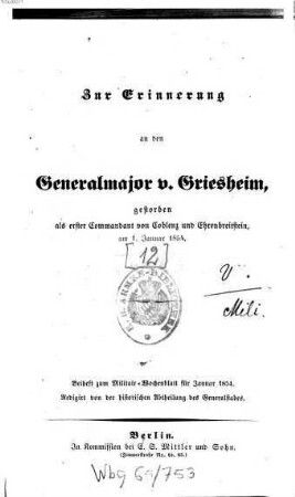 Militär-Wochenblatt. Beiheft : unabhängige Zeitschr. für d. dt. Wehrmacht. 1854, 1854