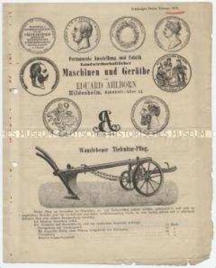 Permanente Ausstellung und Fabrik Landwirthschaftlicher Maschinen und Geräthe von EDUARD AHLBORN Hildesheim, Bahnhofs-Allee 14.