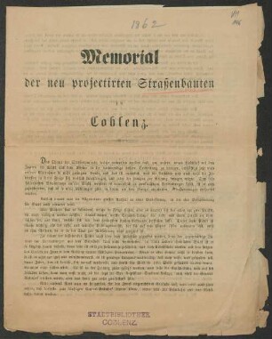 Memorial der neu projectirten Straßenbauten zu Coblenz
