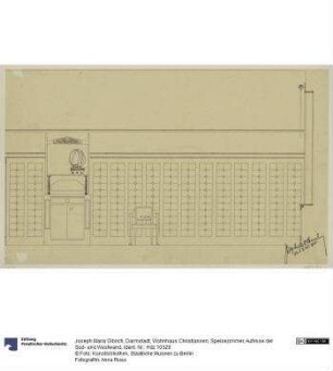 Darmstadt, Wohnhaus Christiansen, Speisezimmer, Aufrisse der Süd- und Westwand