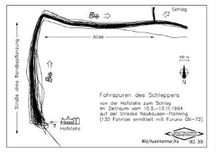 Fahrspur des Schleppers von der Hofstelle zum Schlag im Zeitraum vom 15.5 - 13.11.1994 auf der Strecke Neuhausen - Flanning (130 Fahrten ermittelt mit Furuno GN-72)