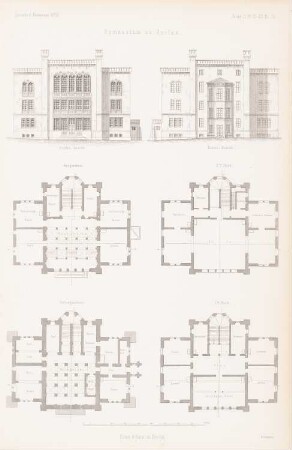 Gymnasium, Anklam: Vorderansicht, Rückansicht, Grundrisse KG, EG, 1.OG, 2.OG (aus: Atlas zur Zeitschrift für Bauwesen, hrsg. v. G. Erbkam, Jg. 2, 1852)