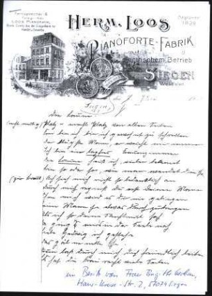 Firmenbriefkopf, Loos, Herm., Pianoforte-Fabrik, gegründet 1839