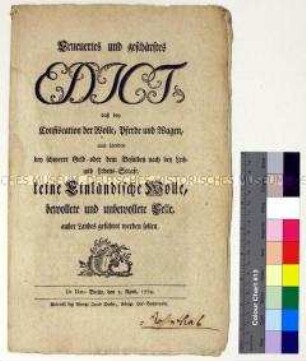 Edikt von Friedrich II. König von Preußen betreffend Ausfuhrverbot für inländische Wolle und Wollfelle