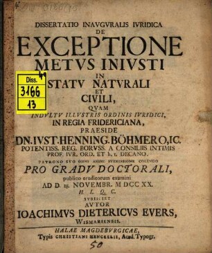 Dissertatio Inavgvralis Ivridica De Exceptione Metvs Inivsti In Statv Natvrali Et Civili