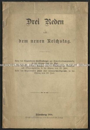 Abdruck von drei Reden zu unterschiedlichen Themen aus dem Reichstag 1890