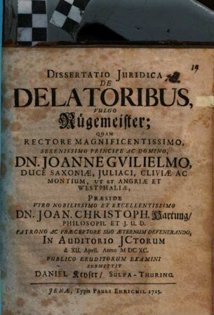 Diss. iur. de delatoribus, vulgo Rügemeister