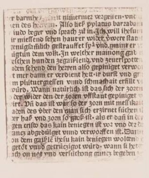 25 Zeilen Ausschnitt aus dem Neuen Testament: Christus und Barrabas vor Pilatus : Druck, oberdeutsch, 16. Jh.