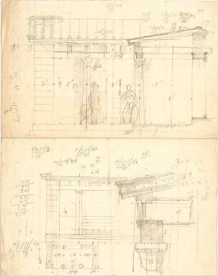 Thiersch, August ; Ägina (Griechenland); Ausgrabungen - Tempel (Teilgrundriss, Schnitte, Details)