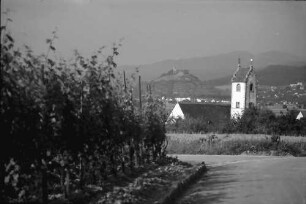 Wettelbrunn: Weinberg mit Kirchturm; Hintergrund Burg Staufen