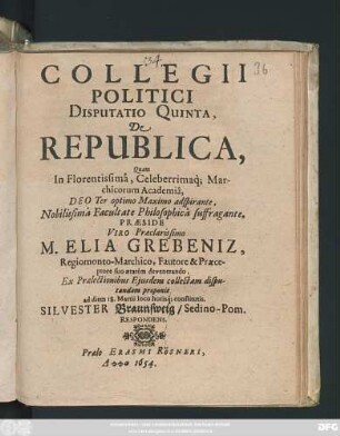 Collegii Politici Disputatio Quinta, De Republica