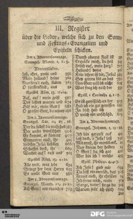 III. Register über die Lieder, welche sich zu den Sonn- und Festtags-Evangelien und Episteln schicken.