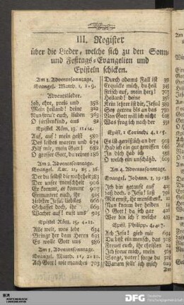 III. Register über die Lieder, welche sich zu den Sonn- und Festtags-Evangelien und Episteln schicken.