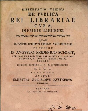 Diss. iur. de publica rei librariae cura, imprimis Lipsiensi