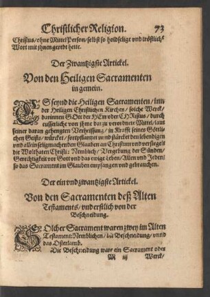 Der Zwantzigste Artickel. Von den Heiligen Sacramenten in gemein.