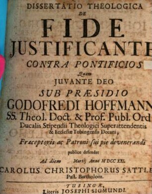 Diss. theol. de fide iustificante, contra pontificios