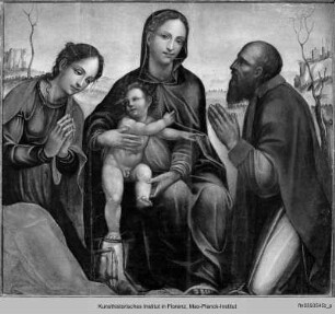 Die Madonna mit dem Kind, dem Heiligen Felix (oder dem Heiligen Irenäus) und der Heiligen Mustiola