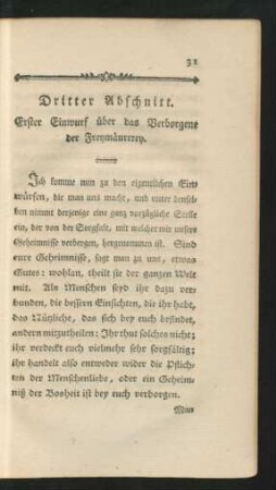 Dritter Abschnitt. Erster Einwurf über das Verborgene der Freymäurerey.