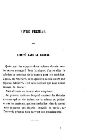 Livre I. L'unité dans la science.