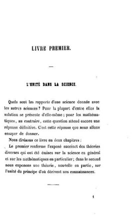 Livre I. L'unité dans la science.