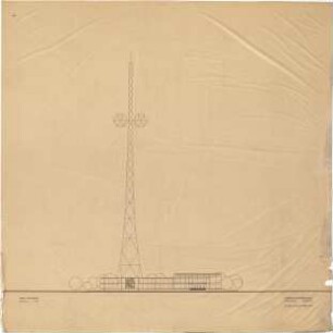 Schneider - Esleben, Paul; Hannover, Messegelände; Ausstellungspavillon und Turm für die Mannesmann AG - Turm und Pavillon (Ansicht von Westen)