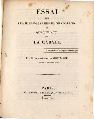 Essai sur les hiéroglyphes d'Horapollon, et quelques mots sur la Cabale