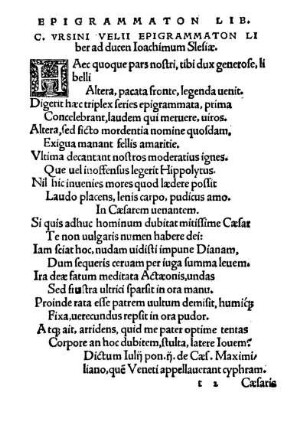 Epigrammaton Liber: C. Vrsini Velii Epigrammaton LIber ad ducem Ioachimum Slesiae