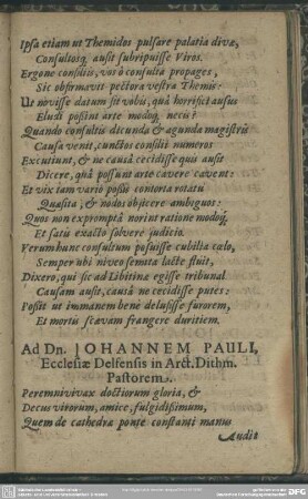 Ad Dn. Johannem Pauli, Ecclesiae Delfensis in Arct. Dithm. Pastorem
