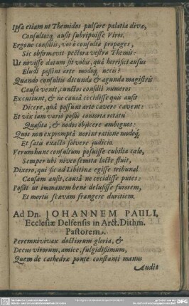 Ad Dn. Johannem Pauli, Ecclesiae Delfensis in Arct. Dithm. Pastorem