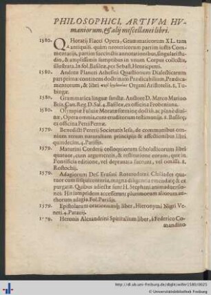 Philosophici, Artivm Hvmaniorum, & alij miscellanei libri.