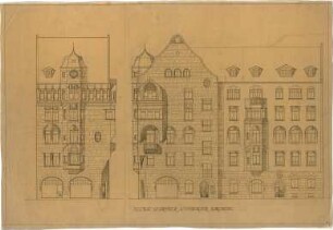 Billing, Hermann; Karlsruhe, Mendelsohnplatz 3 / Kriegsstr. 10; Geschwister Nussberger, Neubau - Vorderfassade; Seitenfassade (Ansichten)