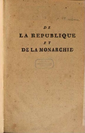 De La Republique Et De La Monarchie