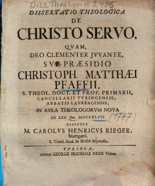 Dissertatio Theologica De Christo Servo