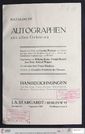 Nr. 357: Katalog / J. A. Stargardt: Autographen aus allen Gebieten