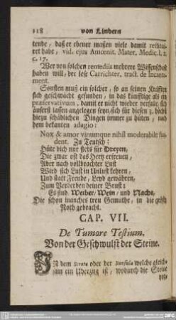 Cap. VII. De Tumore Testium. Von der Geschwulst der Steine
