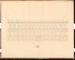 Gasthof 1. Ranges, Berlin Schinkelwettbewerb 1865: Aufriss Ansicht von der Nebenstraße; Maßstabsleiste