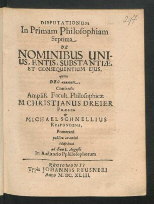 Disputationum In Primam Philosophiam Septima De Nominibus Unius, Entis, Substantiae, Et Consequentium Eius