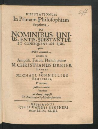 Disputationum In Primam Philosophiam Septima De Nominibus Unius, Entis, Substantiae, Et Consequentium Eius