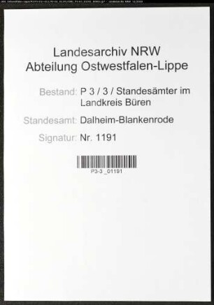 Sterberegister Standesamt Dalheim-Blankenrode