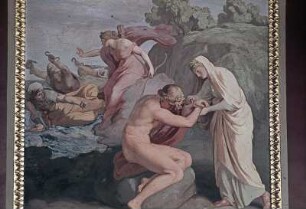 Szene aus Iphigenie: Iphigenie löst Orest die Fesseln, im Hintergrund vertreibt Diana die Furien