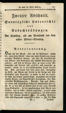 181-514, Zweiter Abschnitt. Sonntägliche Unterrichte und Andachtsübungen. Am Samstag, als am Vorabend vo dem ersten Advent-Sonntag