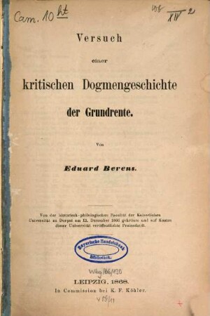 Versuch einer kritischen Dogmenschrift der Grundrente : gekrönte Preisschrift