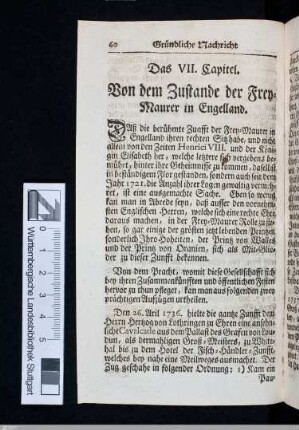 Das VII. Capitel: Von dem Zustande der Frey-Maurer in Engelland