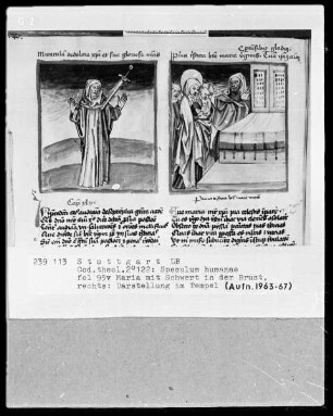 Zwei Schriften — Speculum humanae salvationis — Textseite mit zwei Miniaturen, Folio 95verso