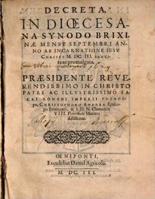 Decreta in Dioecesi Brixinae ... 1603 promulgata